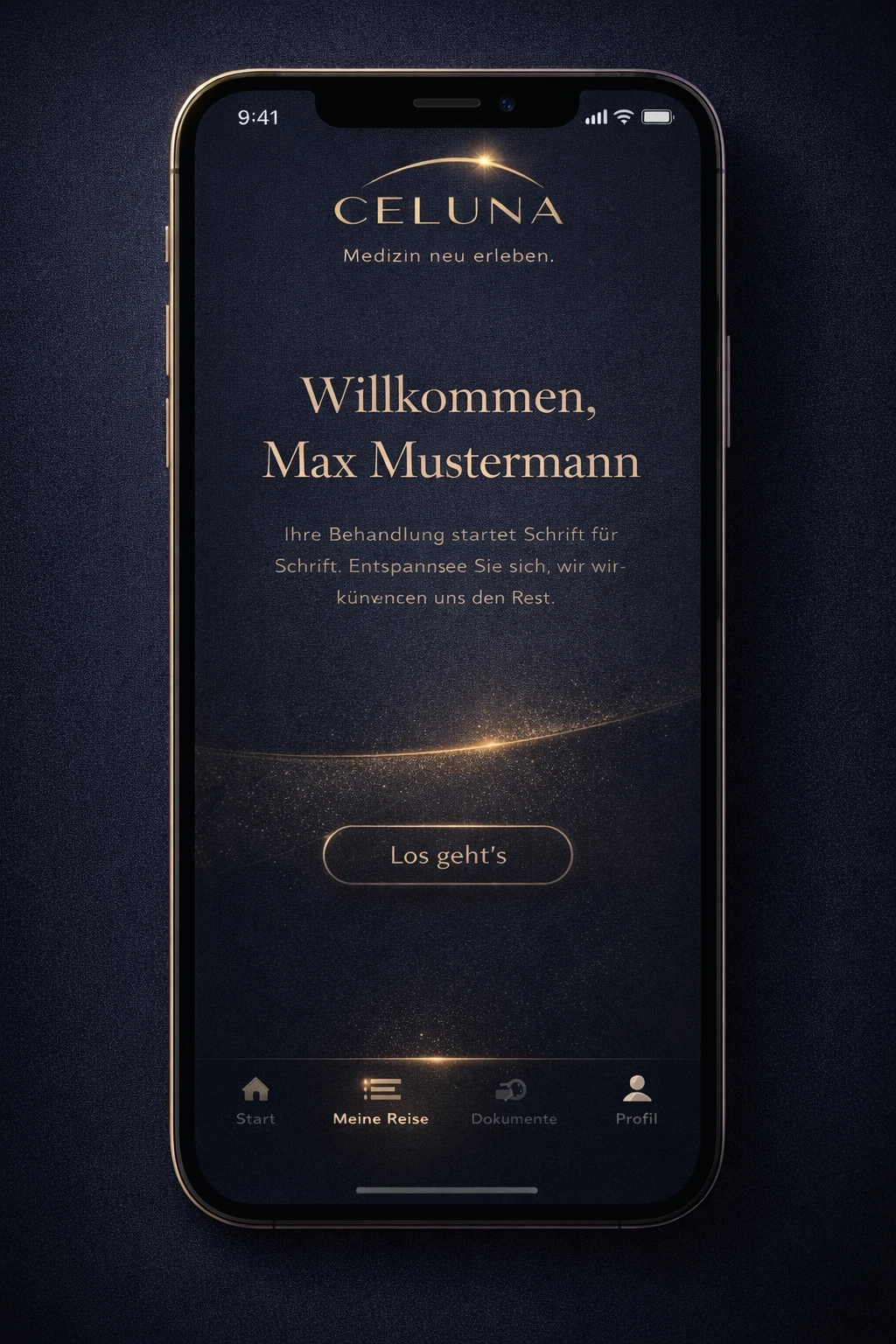 CELUNA App – Willkommensbildschirm als Konzept