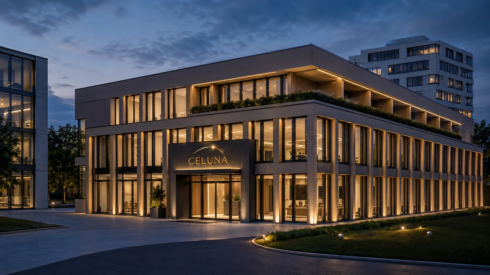 CELUNA Gebäude bei Abendlicht – Architekturvisualisierung