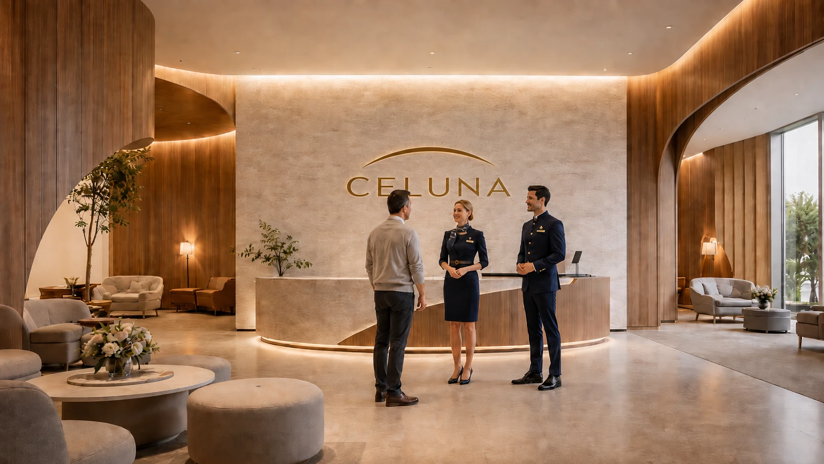 CELUNA Team begrüßt einen Gast – Konzeptvisualisierung